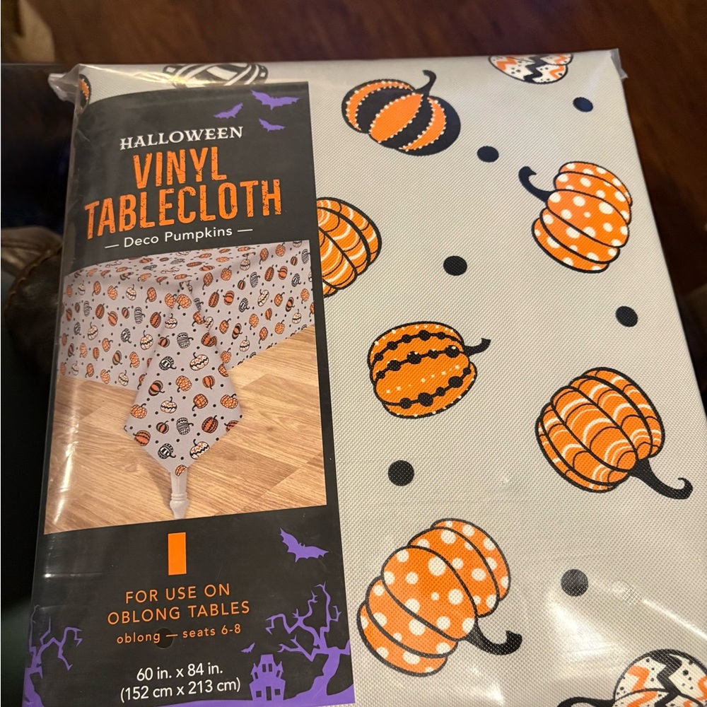 Halloween Vinyl Tablecloth with Orange Pumpkins 60in by 84in